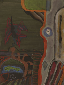 Roger David Servais „Stürzender Vogel“, 1972, Gouache auf Papier, 48 x 36 cm, VG-Bildkunst, Bonn 2016, Foto Ludwig Rauch