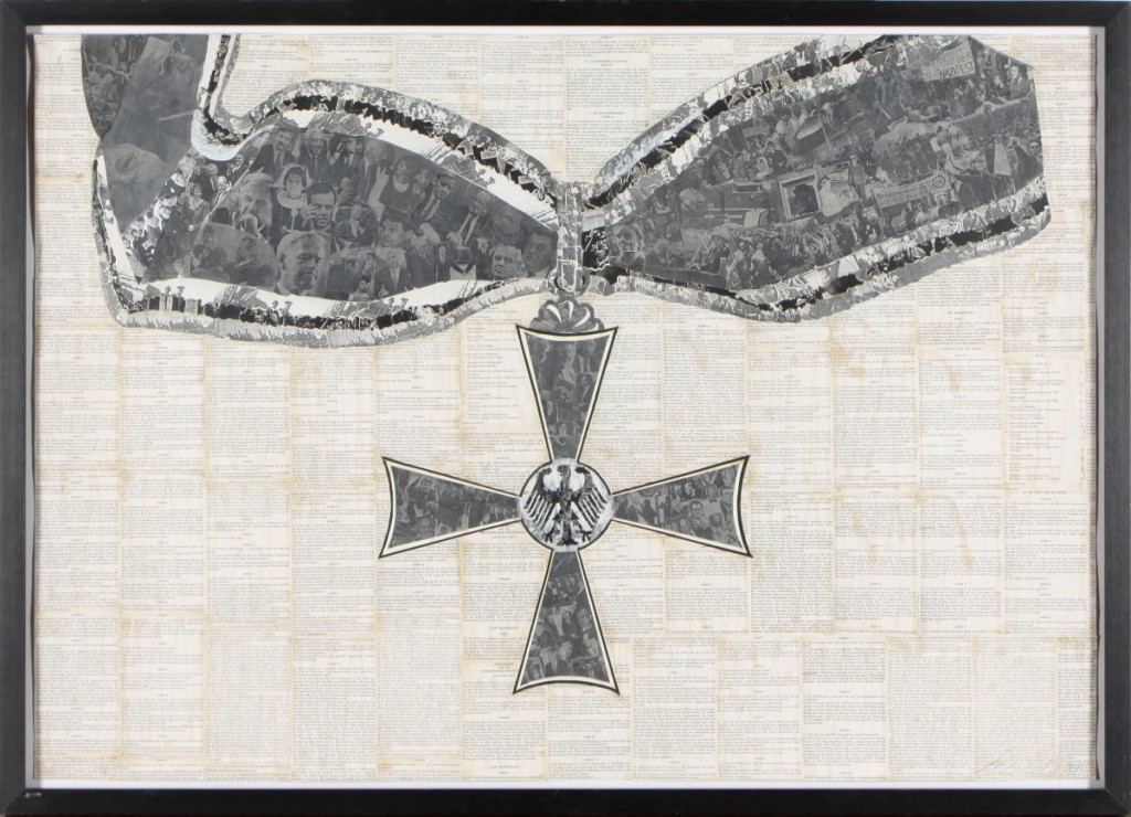 Marcel Odenbach "Deutsches Symbol (Bundesverdienstkreuz)", 1994, Collage, Fotokopien, Aquarell und Grafit auf Papier, 70 x 100 cm, Courtesy Galerie Gisela Capitain, Köln